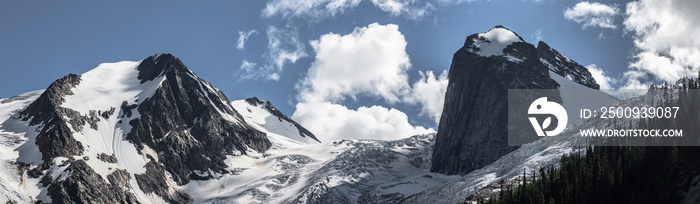 Panorama of Bugaboo Glacier and Hound’s Tooth at Bugaboo Provincial Park in British Columbia