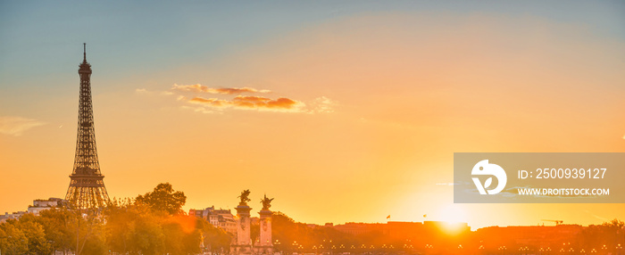 Eiffel Tower and Paris panorama sunset landscape over Seine river in Paris, France