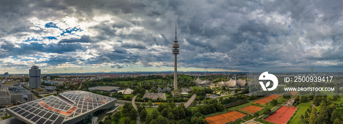 Aerial view of Olympiapark and Munich from Olympiaturm Olympic Tower . Munich, Bavaria, Germany