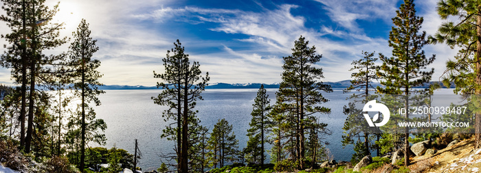 Lake Tahoe shoreline on a beautiful winter day, Sierra Nevada mountains