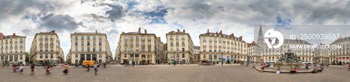 Spherical 360 degree panorama of town square Place Royale in the shopping center of Nantes, France, on a summer day with the Basilique Saint-Nicolas de Nantes in the background