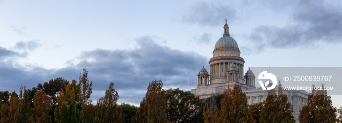 Panoramic view of Rhode Island State House during a vibrant sunset. Located in Downtown Providence, Rhode Island, United States.