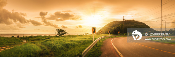 panorama,Scenic view of the asphalt road along the seashore in the evening, Chanthaburi, Thailand