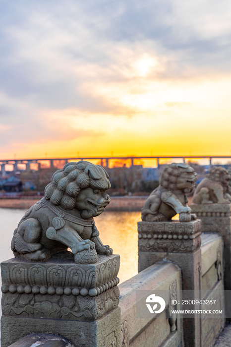 夕阳下的北京卢沟桥石狮子