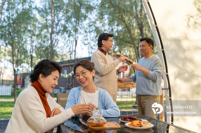 中老年人在露营地喝茶聊天