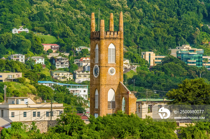 A view across St Georges, Grenada towards a church tower