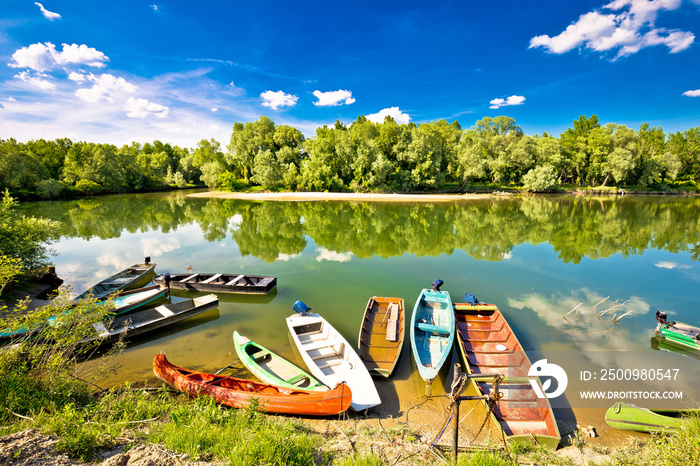 Colorful boats on mouth of Drava and Mura rivers