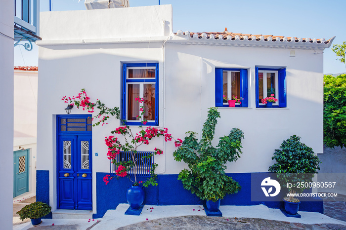 Beautiful house in old greece town, Crete island, Greece. Summer landscape