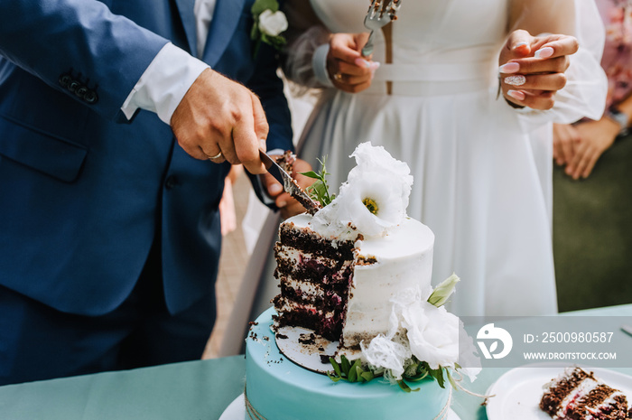 The bride and groom cut the sweet, delicious wedding cake, which is on the table, into a piece with a knife at the ceremony. Photography, dessert.