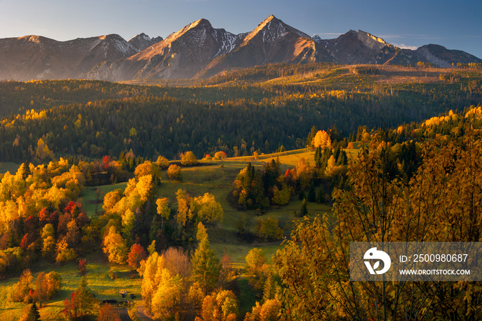 Autumn views near the village of Osturnia in Slovakia. Colorful trees harmonize beautifully with the Tatra Mountains in the background.