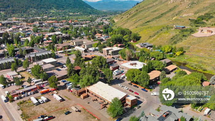 Panoramic aerial view of Jackson Hole homes and beautiful mountains on a summer morning, Wyoming