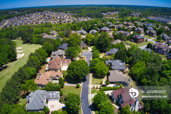 Panoramic aerial view of a beautiful subdivision in an upscale neighborhood in Georgia, USA