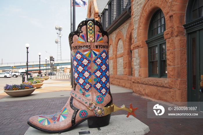 A large cowboy boot in front of the depot in Cheyenne, WY.