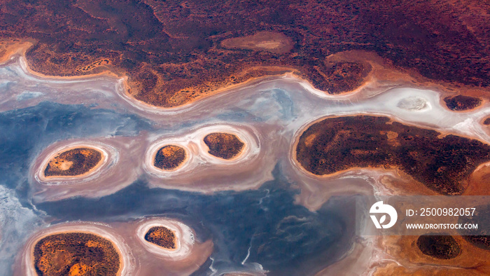 Aerial view of a colorful salt lake, Queensland, Australia.