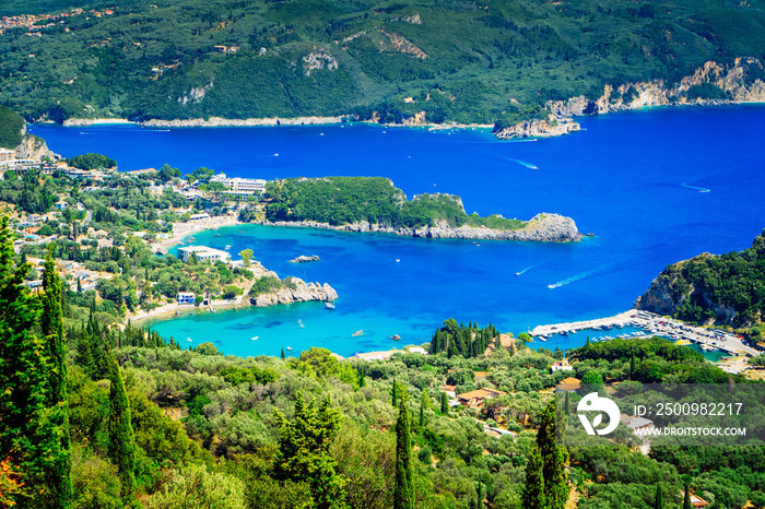 view of Paleokastritsa beach bay on Korfu at summer, Greece, toned