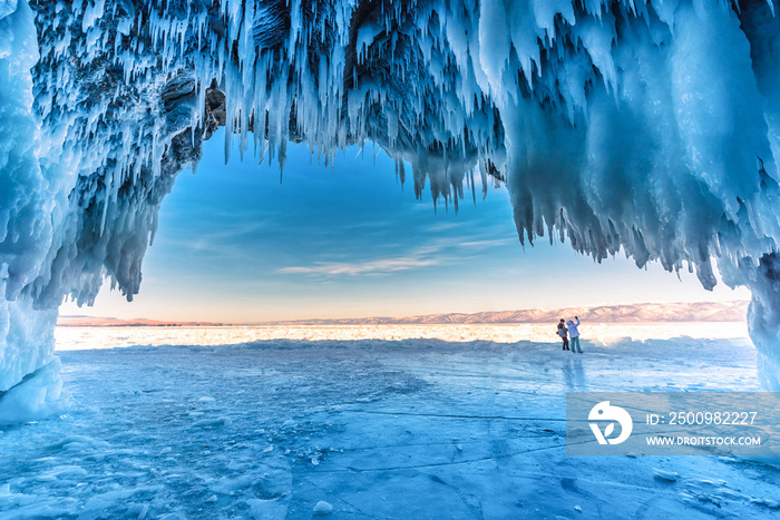 Inside the blue ice cave with couple love at Lake Baikal, Siberia, Eastern Russia.