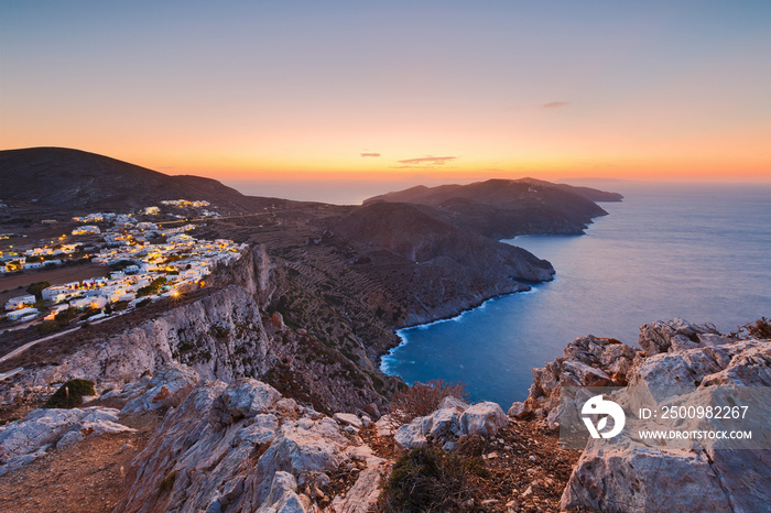 View of Folegandros village and surrounding landscape.