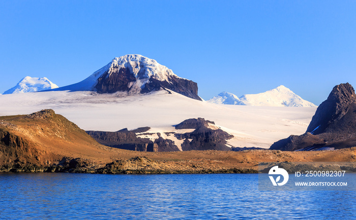 Coastline covered with lots of small gentoo penguins and snow mountains peaks, Barrientos island, South Shetland islands, Antarctic peninsula