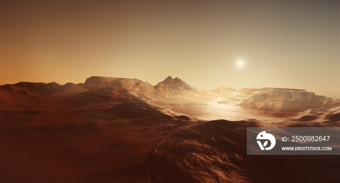 An epic landscape view of the marian landscape. Mars exploration 3D illustration.