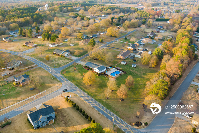 Residential street, single family houses from above American small town in Boiling Spring South Carolina neighborhood autumn fall season