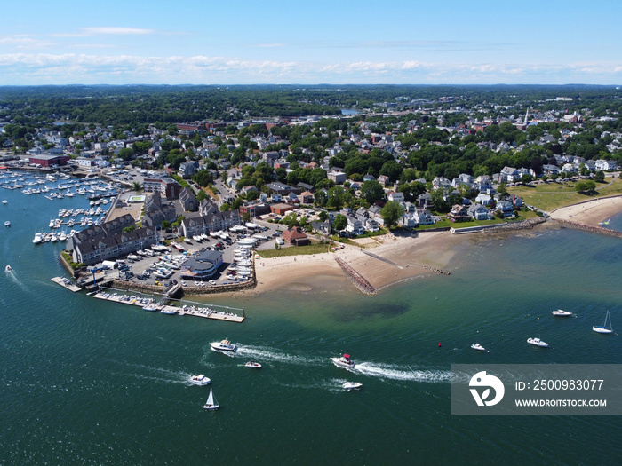 Aerial view of Sandy Point at Danvers River mouth to Salem Harbor in city of Beverly, Massachusetts MA, USA.