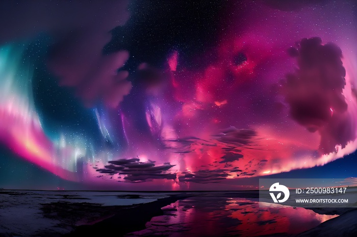 Pink aurora borealis, morthern lights over ice and snow landscape.