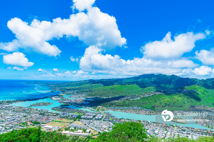 View of Hawaii Kai, a largely residential area located in the City & County of Honolulu, seen from the top of Koko Head near Honolulu - Hawaii