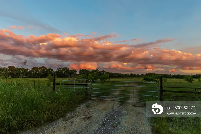 Country landscape with pink cumulus clouds