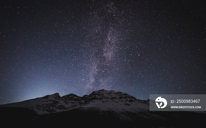 Milky way and stars above a snowy mountain peak