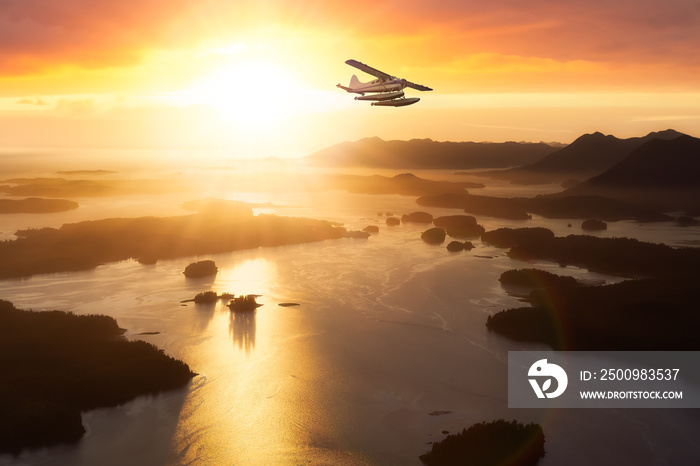 Tofino, Vancouver Island, British Columbia, Canada. Colorful Sunset Sky Art Render. Aerial view from an airplane in the summer. Adventure Travel Composite with Seaplane Flying over the ocean.