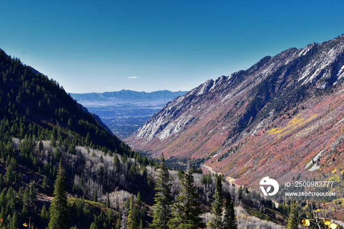 Red Pine Lake views from trail mountain landscape towards Salt Lake Valley in Little Cottonwood Canyon, Wasatch Rocky mountain Range, Utah, United States.