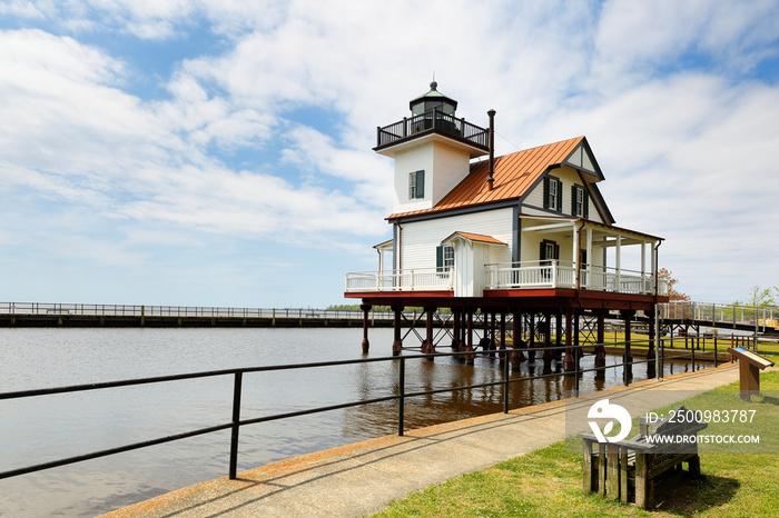 Roanoke River Lighthouse on a sunny day, Edenton, North Carolina USA. The Lighthouse is a historic, decommissioned lighthouse, located on the waterfront of Edenton, NC