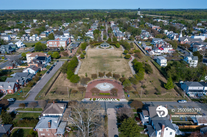 Aerial view of the Central Park in Historic Cape Charles Virginia