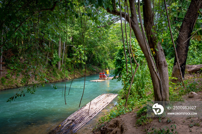 Falmouth, Jamaica. Tourists on bamboo raft ride on Martha Brae River. Relaxing scenic tour through countryside landscape under canopy of trees. People enjoy summer vacation activity.