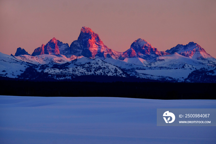 Sunset Light Alpen Glow on Tetons Teton Mountains