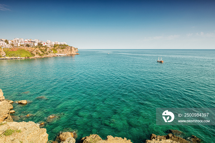 Lara district of a resort town of Antalya, Turkey situated on a high cliff. Vacation and coastline concept