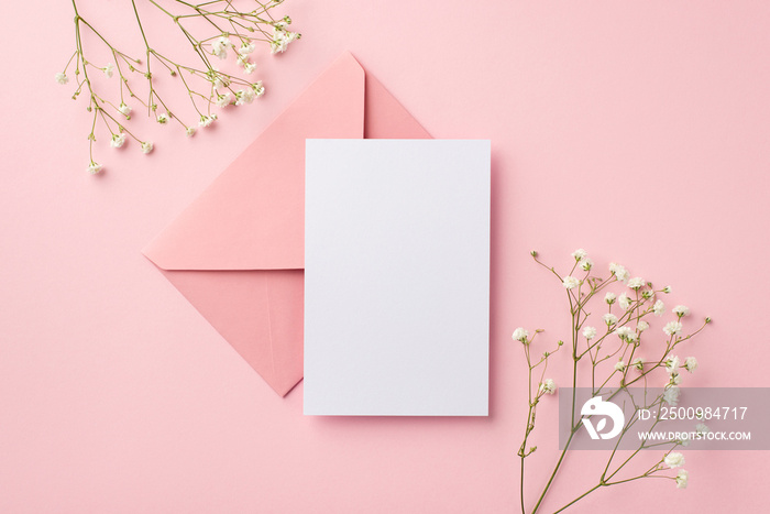 Birthday party invitation concept. Top view photo of pink envelope paper card and white gypsophila flowers on isolated pastel pink background with blank space