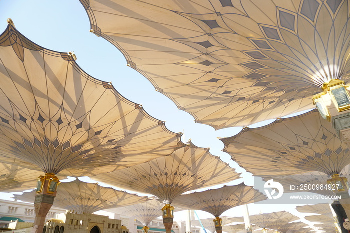 Big umbrella structure of al masjid al nabawi from the holy land and beautiful building structure madinah saudi arabia