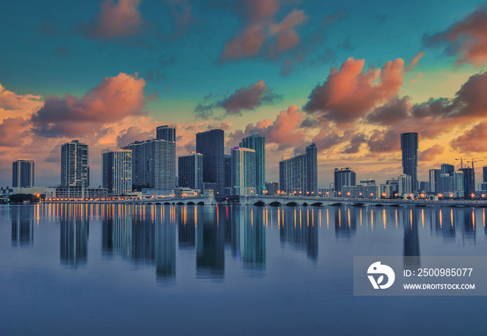 city skyline at sunset Miami Florida United States views panoramic beautiful sky buildings reflections