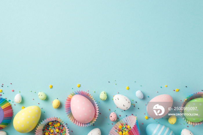 Top view photo of easter decorations multicolored easter eggs in paper baking molds and confectionery topping on isolated pastel blue background with copyspace