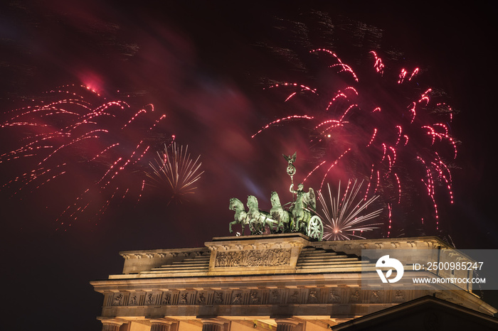Fireworks over the Brandenburg Gate in Berlin, Germany,  during New Year concert and celebrations.