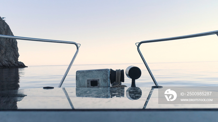 Landscape with sea, mountains and wave from boat in the nice summer day. Shot. View from the shipboard of the calm beautiful sea, steep rocks and evening blue clear sky.