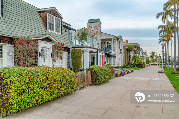 Exterior of charming homes in Long Beach California on palm tree lined streets