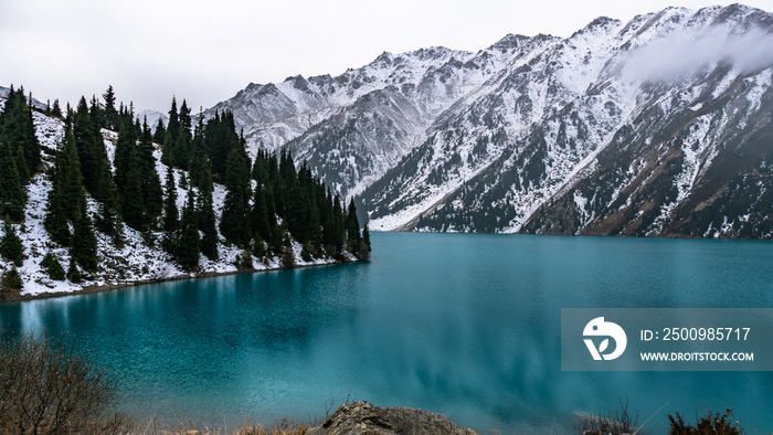 moraine lake in a mountain gorge. beautiful mountain lake. turquoise watercolor