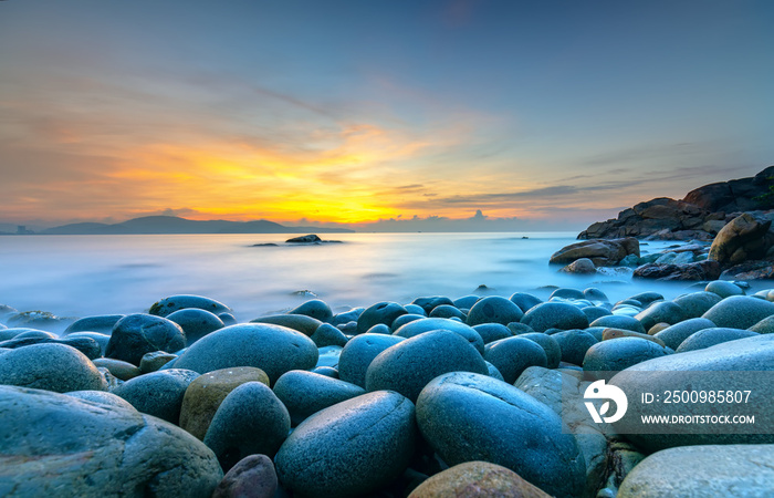 Beautiful Sunrise at rock like eggs beach in Quy Nhon bay, Vietnam