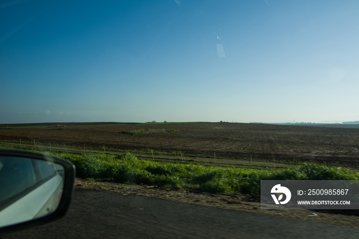 View from car window on green hills and blue sky. Growing wheat fields.