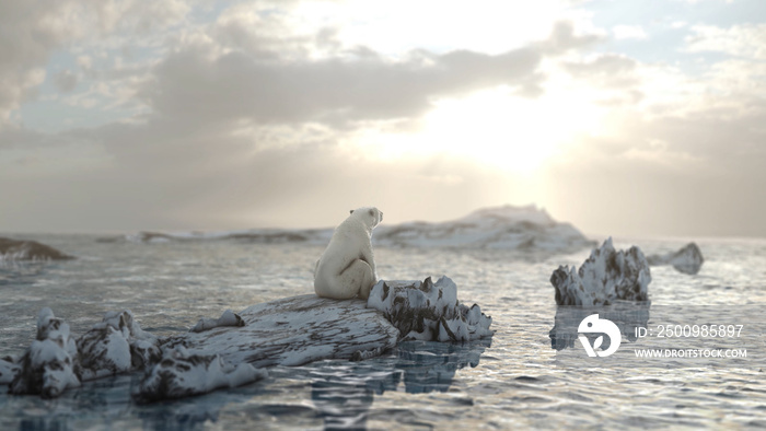 Polar bear sitting on ice rock in beautiful day, North pole landscape  Drone view,global warming concept, polar bear in extinction danger