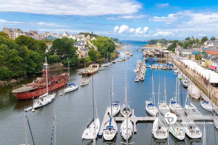 Douarnenez, the port Rhu in Brittany, beautiful aerial view of the harbor, with modern and old ships