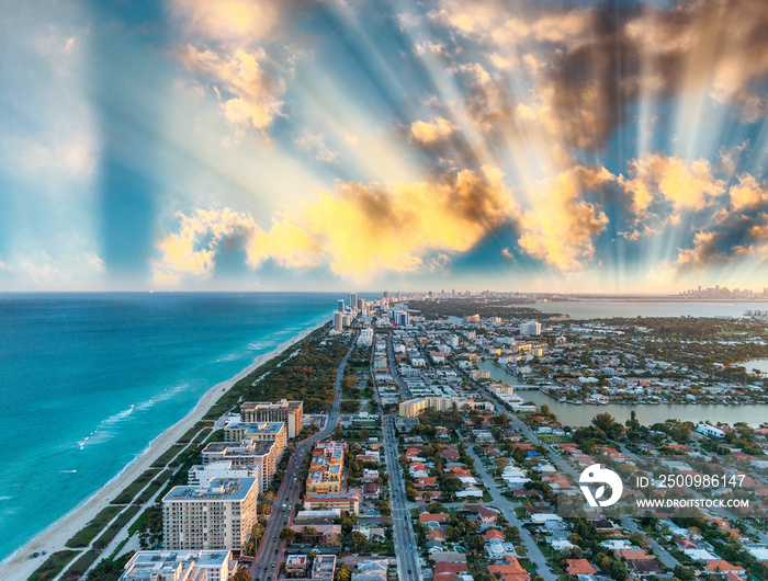 Miami Beach coastline, aerial view at dusk