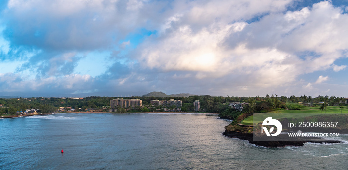 Cruise ship arrives at Nawiliwili port on Kauai, Hawaii. Kauai is known as the  Garden Island.